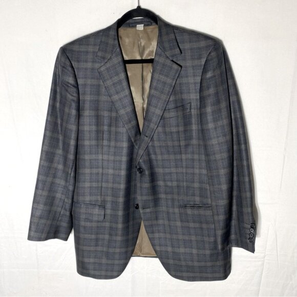Vintage Grey Tan Plaid Wool Silk Blend Blazer Sport Coat 44R - Picture 14 of 14